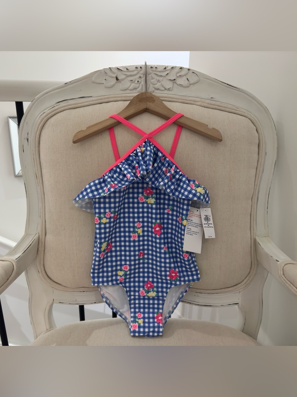 5T Girls Blue Gingham Ruffle Floral One-Piece Swimsuit with Pink Straps NWT